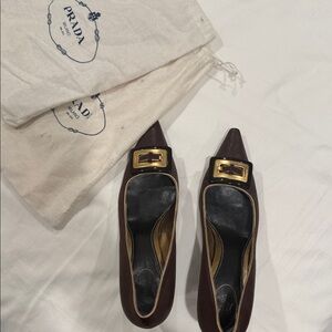 Prada vintage kitten heels with brown and gold buckle